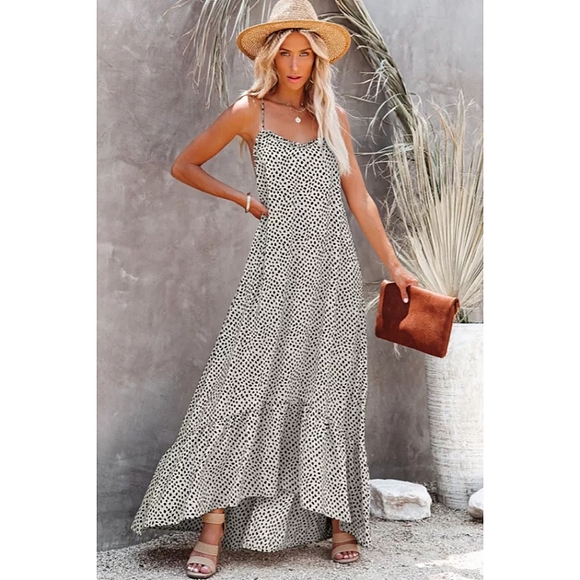 LAST ONE! Plus Size Bohemian Style High Low Polka Dot Maxi Dress With Ruffles